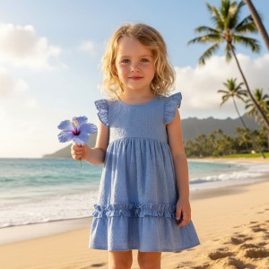 Rochie Sarabanda pentru fete, bumbac 100%, broderie anglaise albastră cu volănașe și fundă la spate, 0.B339PV25ABS